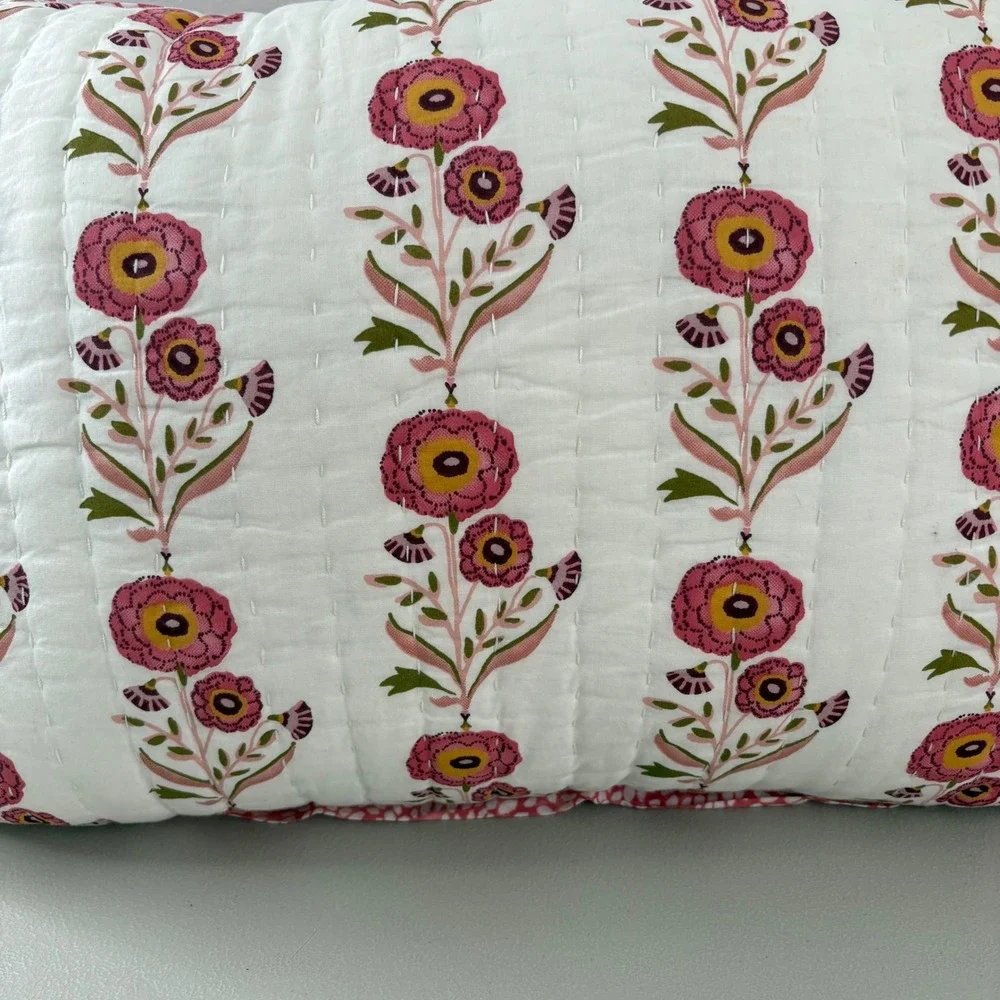 Handmade Kantha Quilted Floral Block Print Reversible Decorative Pillow Cottage